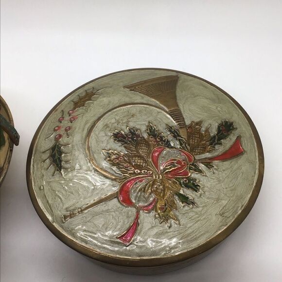 Brass Painted Basket and Lidded Box with Holiday Design - Picture 4 of 8